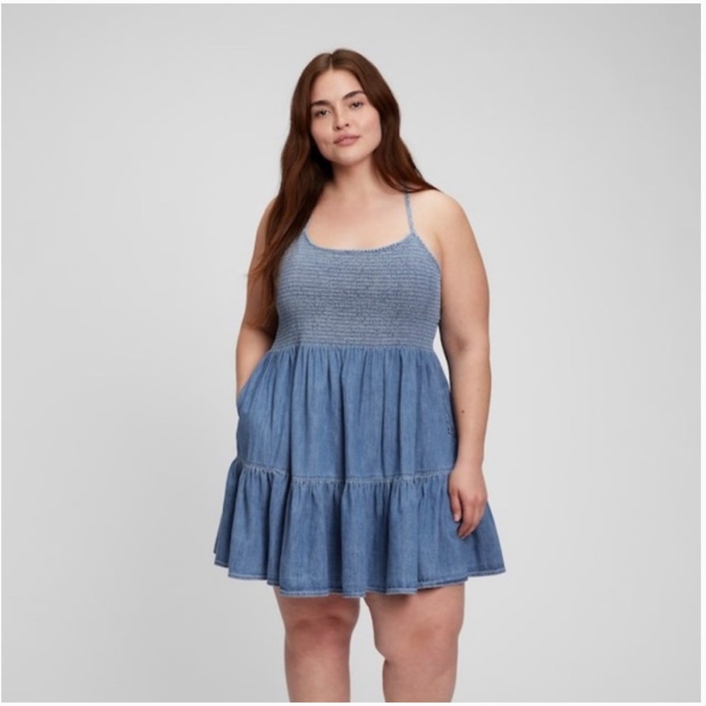 Gap Denim Smocked Mini Dress Tiered Dress Criss Cross Halter Neck A Line Size XL